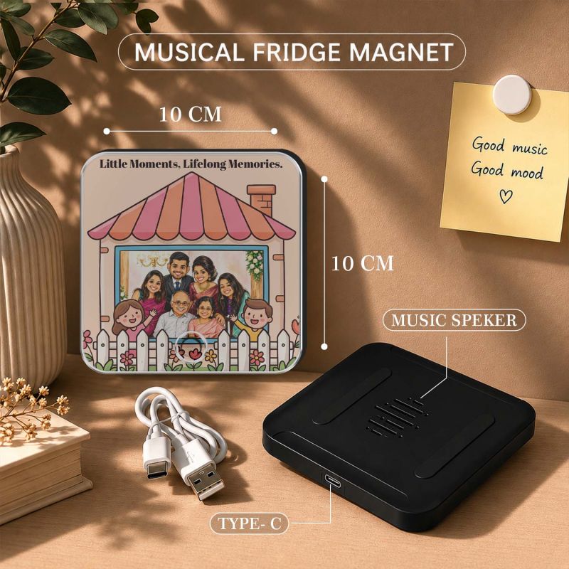 Customized Family Theme Musical Fridge Magnet with Built in Speaker Personalized Photo Frame Magnet for Refrigerator Audio Playback Sound Playing Memory Gift for Home Decor